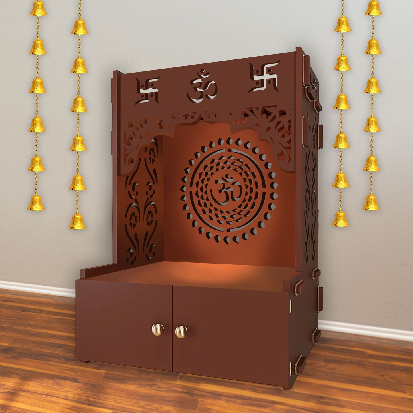 Designer Om Chakra Floor Temple with Spacious Wooden Shelf & Inbuilt Focus Light- Brown Finish