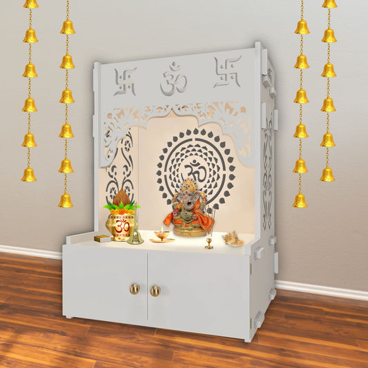 Designer Om Chakra Floor Temple with Spacious Wooden Shelf & Inbuilt Focus Light- White Finish