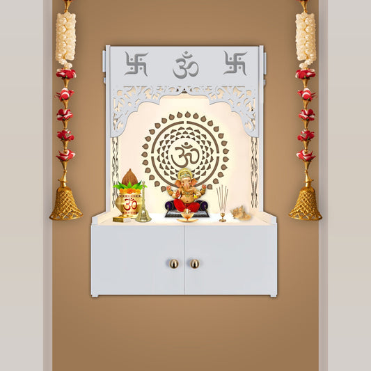 Designer Om Chakra White Wood Temple with Inbuilt Focus Light & Spacious Shelf