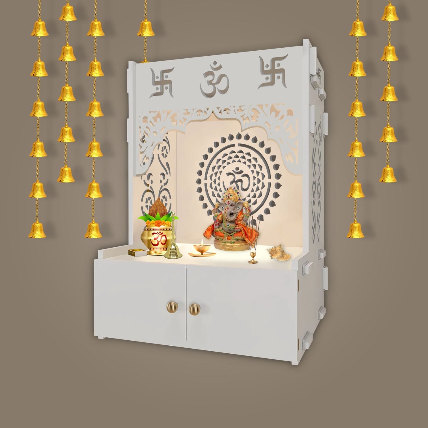 Designer Om Chakra White Wood Temple with Inbuilt Focus Light & Spacious Shelf