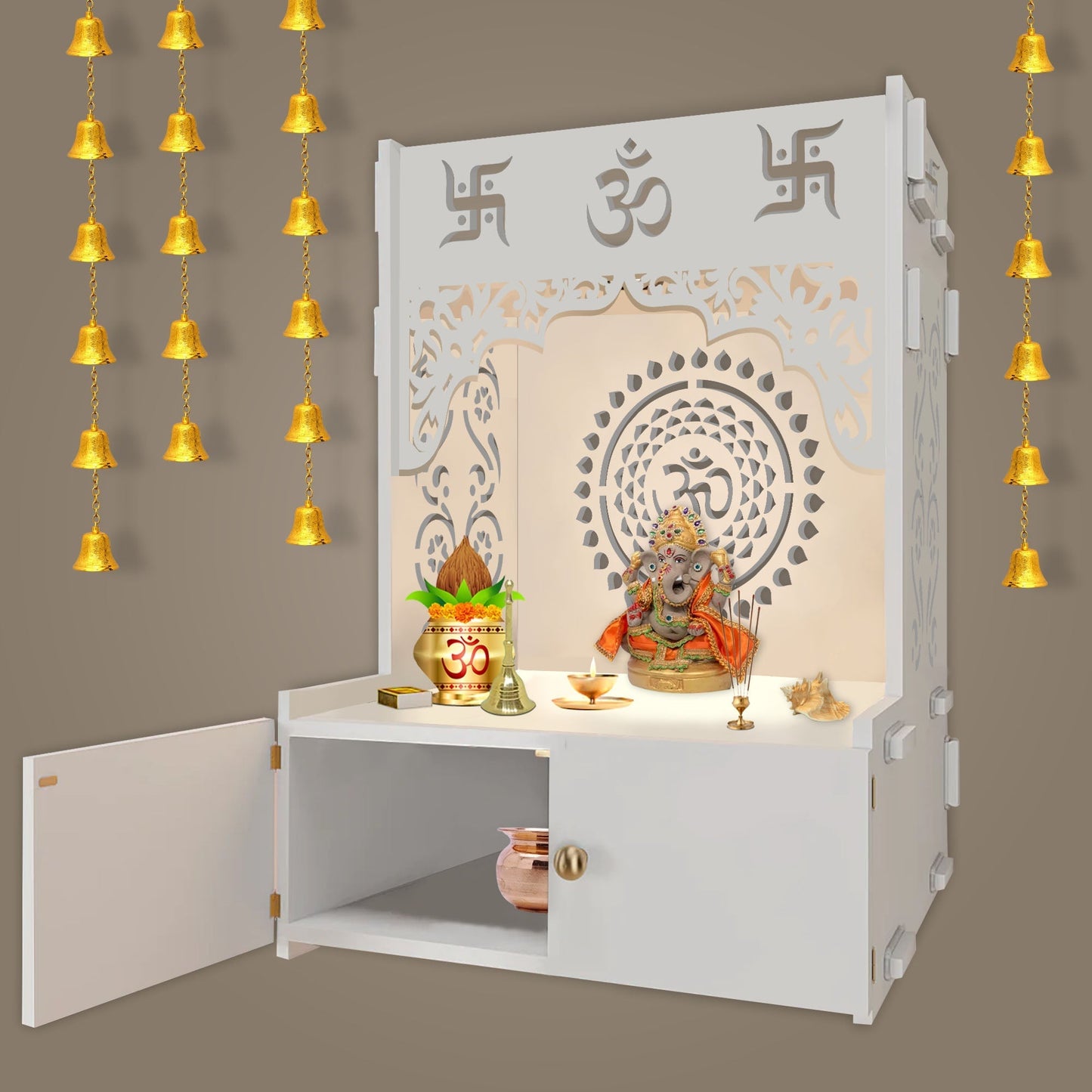 Designer Om Chakra White Wood Temple with Inbuilt Focus Light & Spacious Shelf