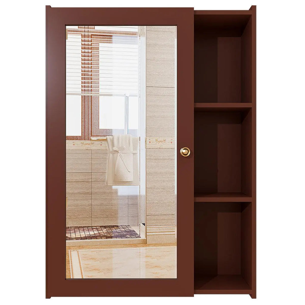 Designer Rectengular Shaped Wooden Bathroom Mirror Cabinet with 5 Spacious Shelves with Brown Finish