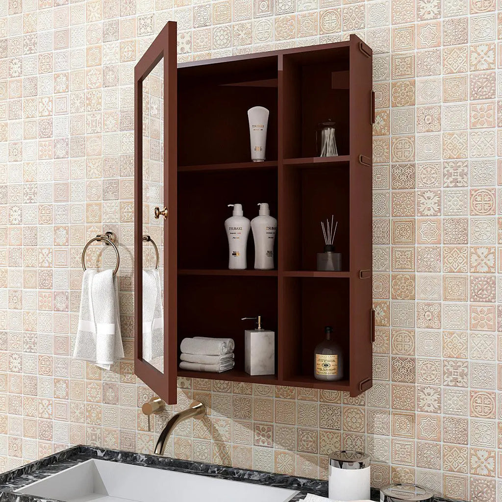 Designer Rectengular Shaped Wooden Bathroom Mirror Cabinet with 5 Spacious Shelves with Brown Finish