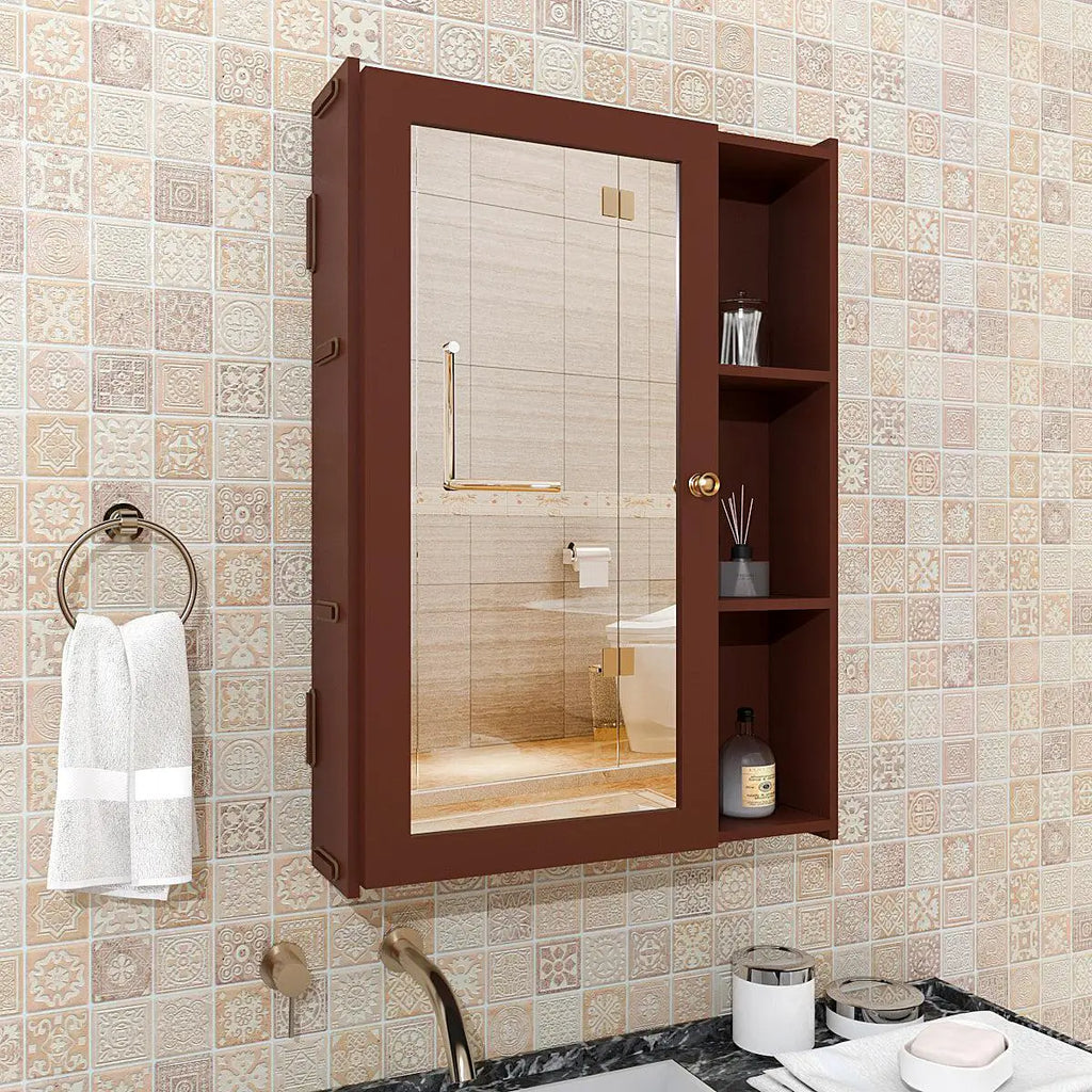 Designer Rectengular Shaped Wooden Bathroom Mirror Cabinet with 5 Spacious Shelves with Brown Finish