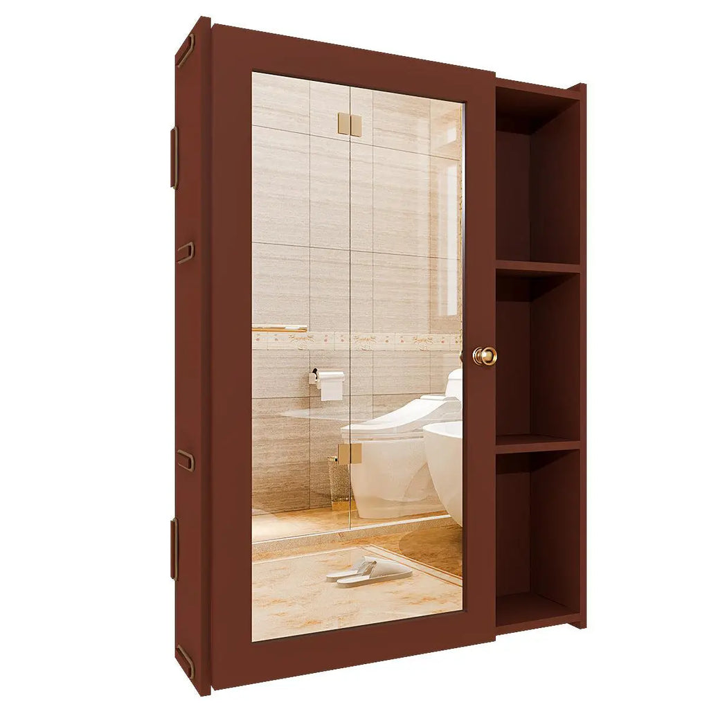 Designer Rectengular Shaped Wooden Bathroom Mirror Cabinet with 5 Spacious Shelves with Brown Finish