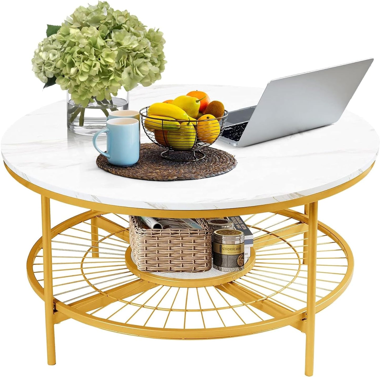 Designer Round Modern Center Table with White Marble Golden Metal Finish