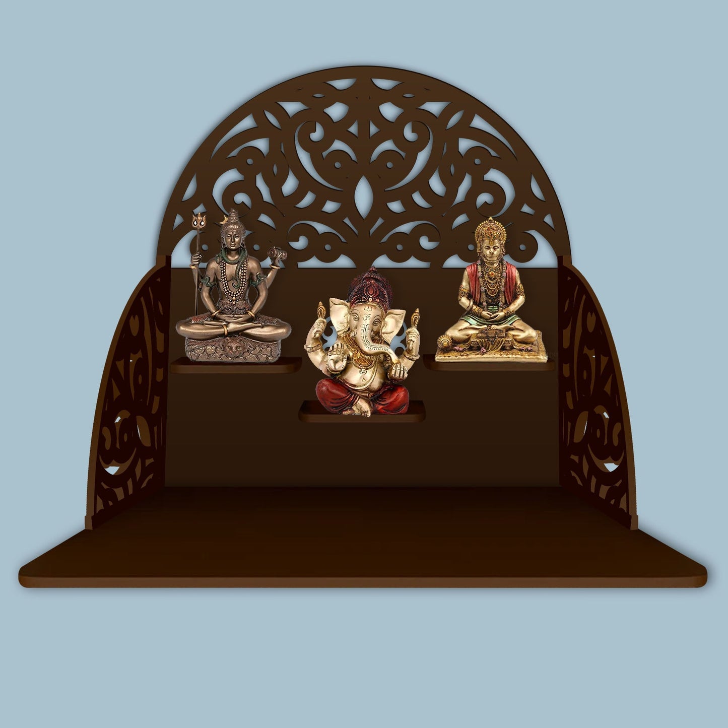 Designer Semi Circle Shaped Wall Hanging Wooden Temple/ Pooja Mandir Design with Shelf, Brown Color