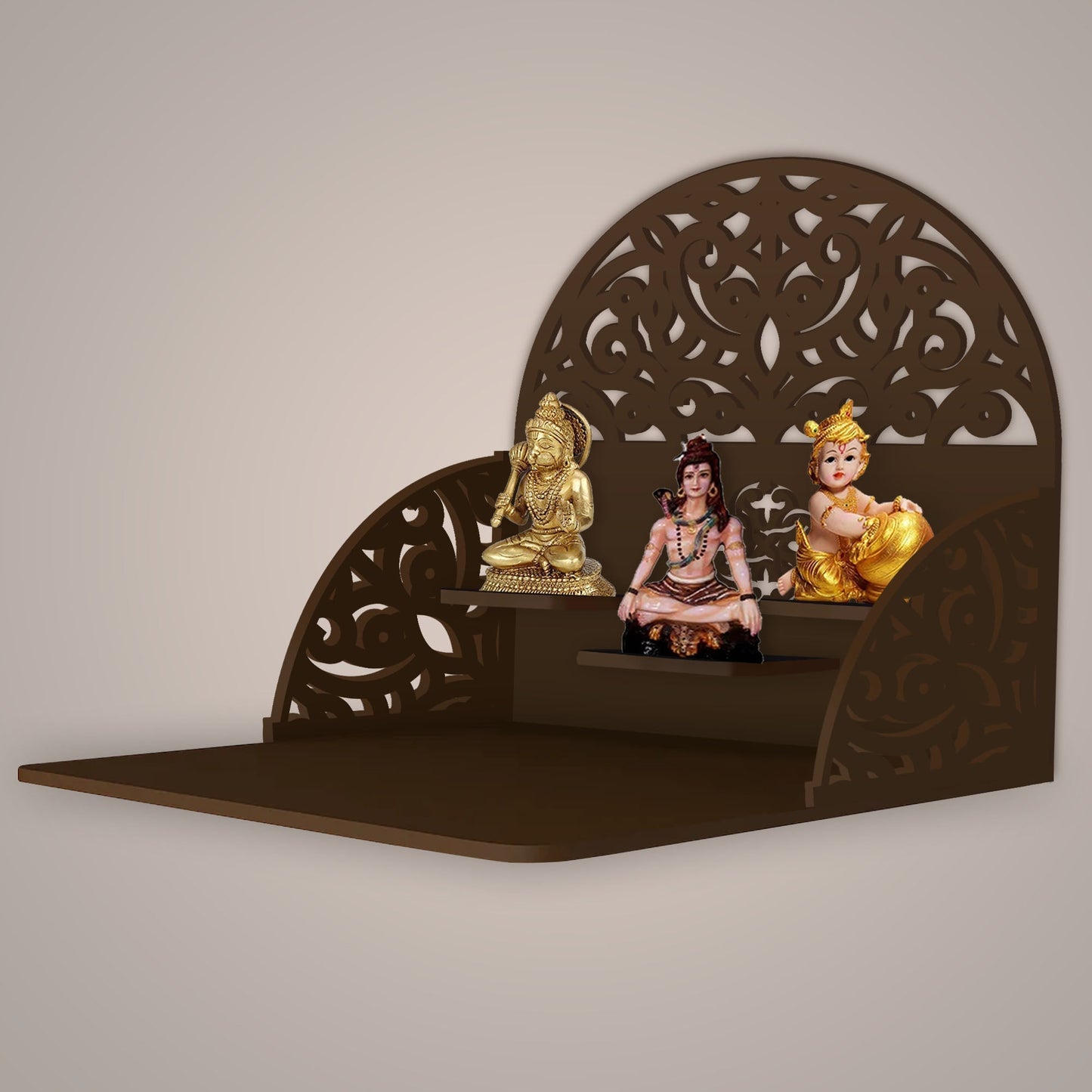 Designer Semi Circle Shaped Wall Hanging Wooden Temple/ Pooja Mandir Design with Shelf, Brown Color