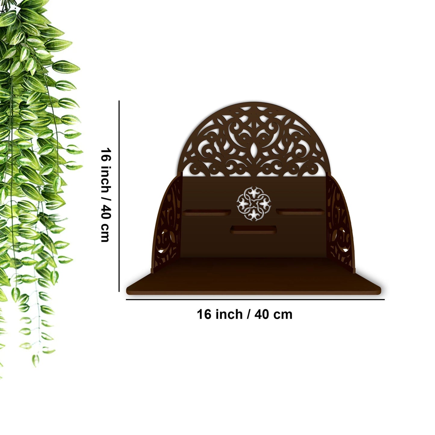 Designer Semi Circle Shaped Wall Hanging Wooden Temple/ Pooja Mandir Design with Shelf, Brown Color