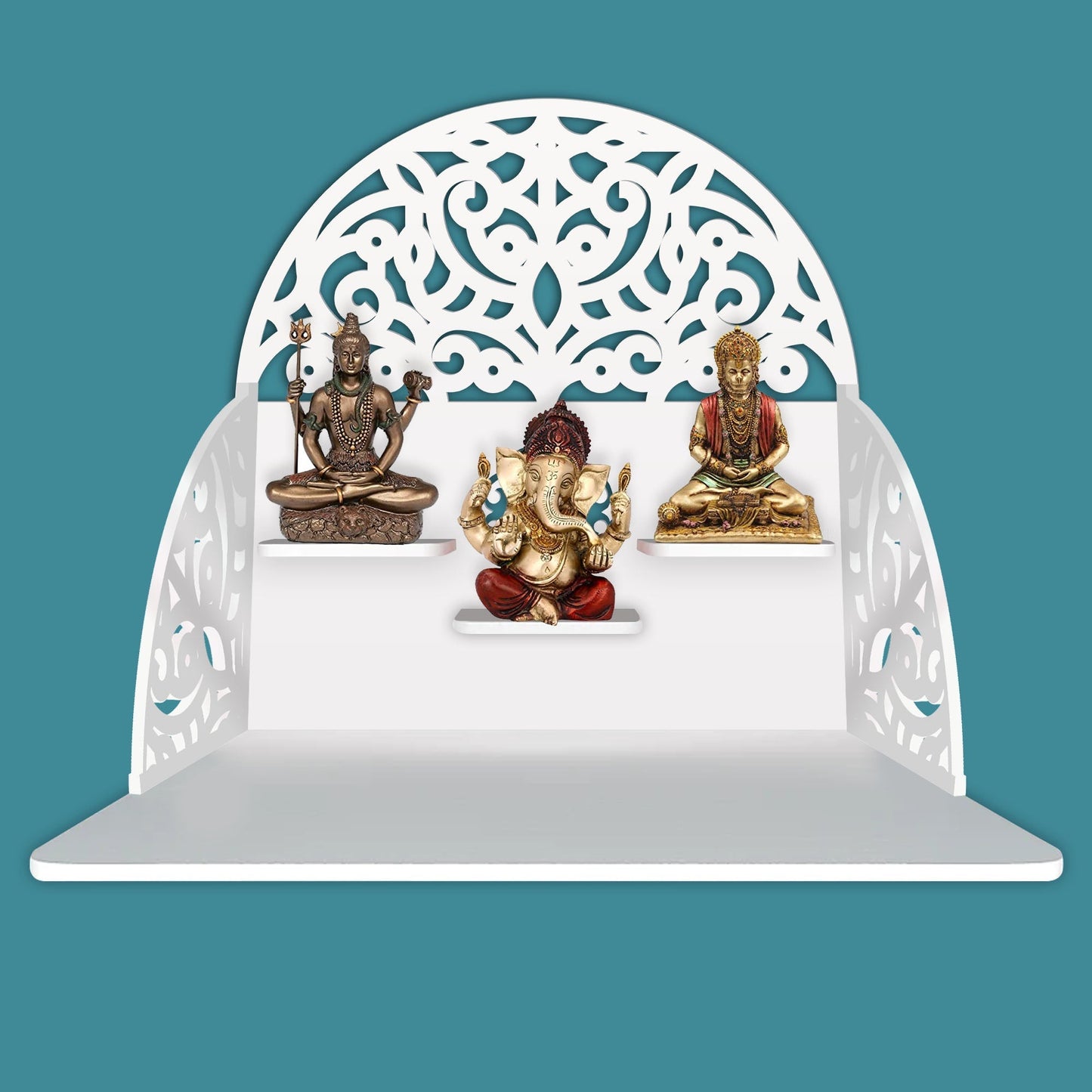 Designer Semi Circle Shaped Wall Hanging Wooden Temple/ Pooja Mandir Design with Shelf, White Color