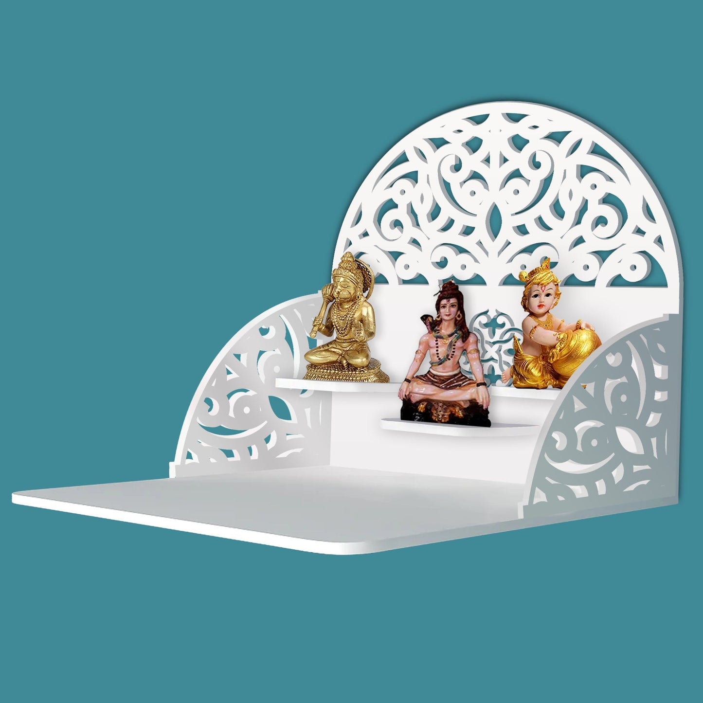 Designer Semi Circle Shaped Wall Hanging Wooden Temple/ Pooja Mandir Design with Shelf, White Color