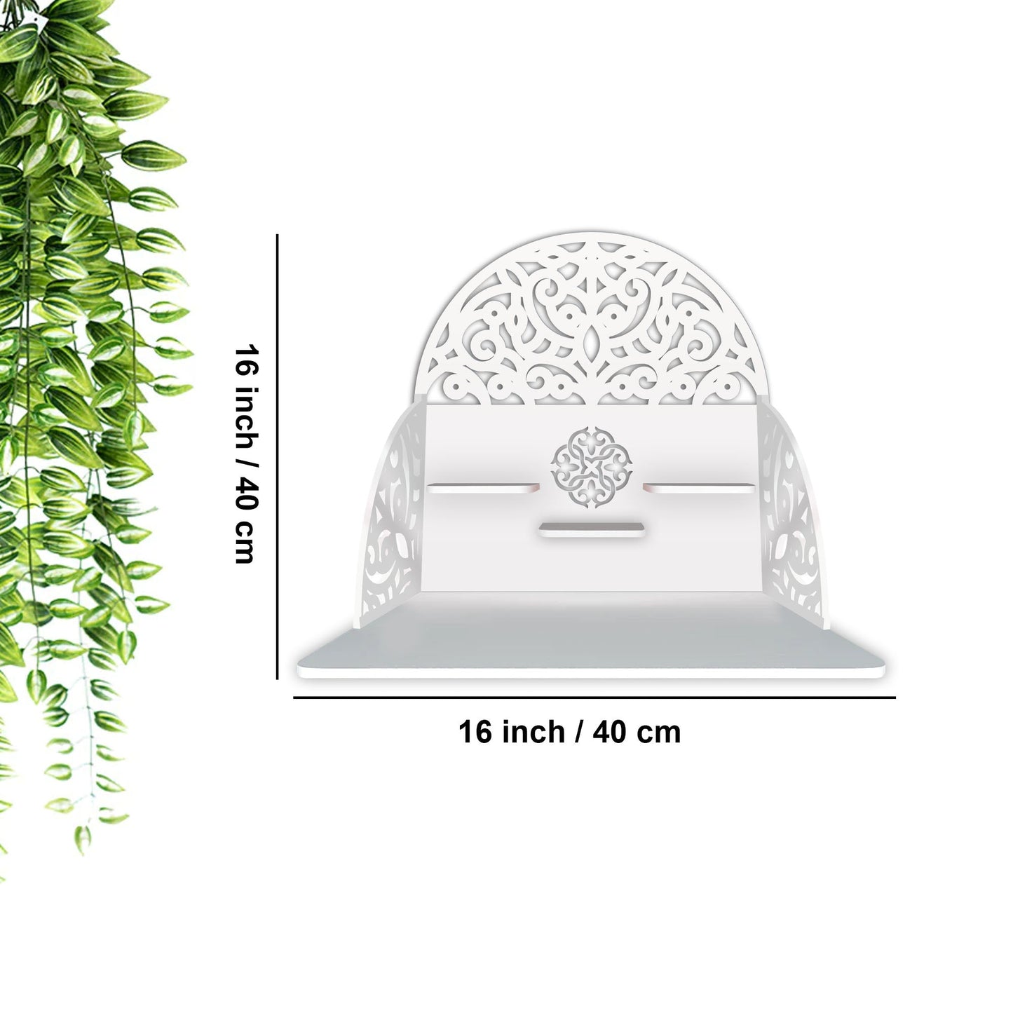 Designer Semi Circle Shaped Wall Hanging Wooden Temple/ Pooja Mandir Design with Shelf, White Color