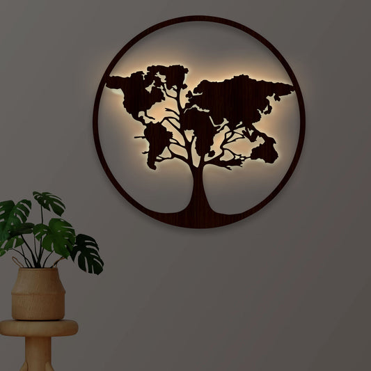 Designer World Map Tree Backlit Wooden Wall Art  with LED Night Light Walnut Finish