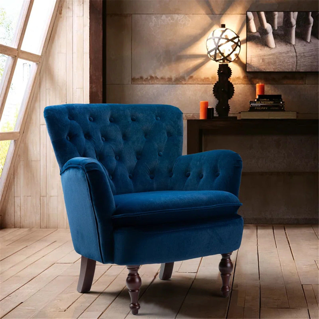 Detailed Tufted Super Comfy Navy Blue Velvet Sofa Lounge Chair