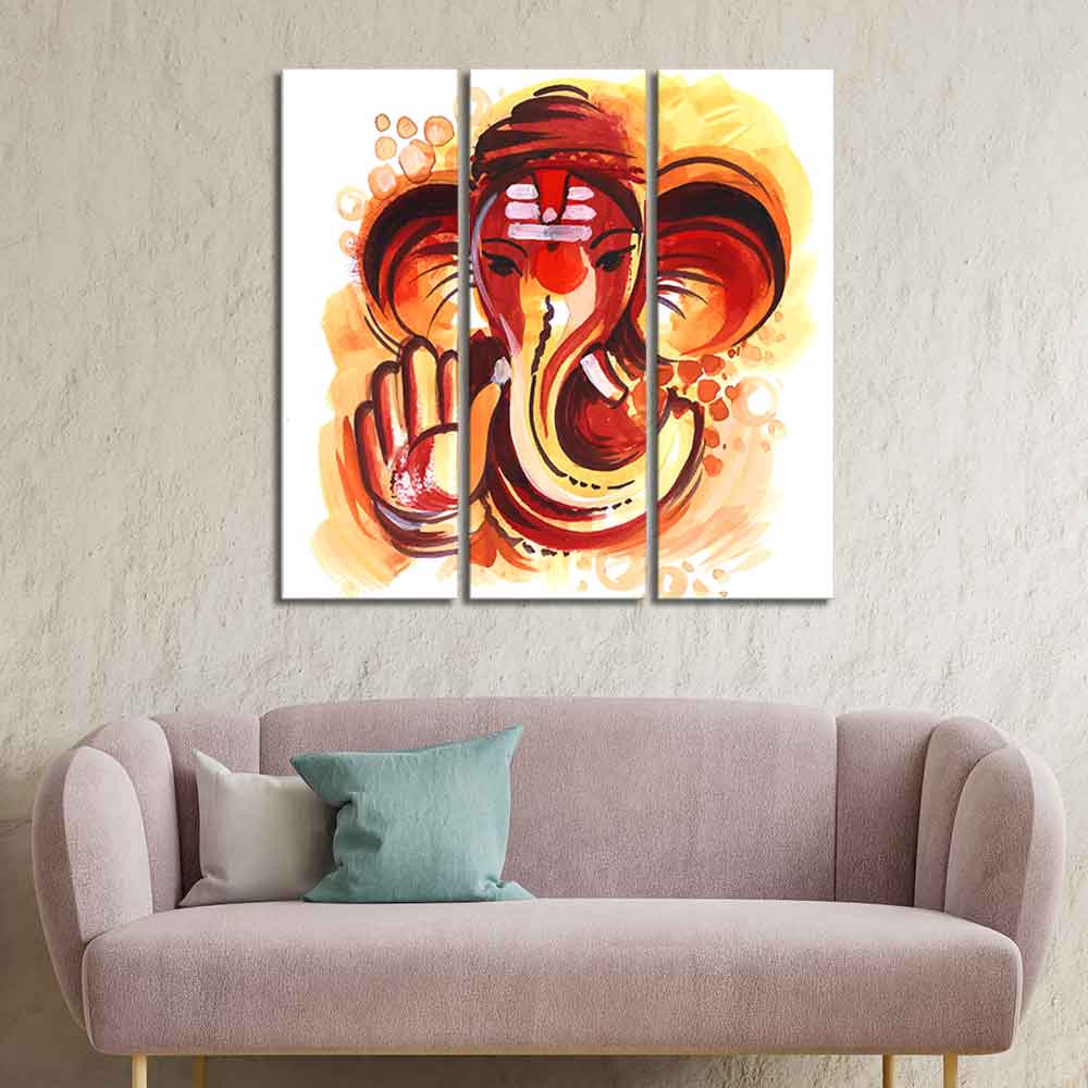 Deva Shree Ganesha Head Abstract Art Canvas Wall Painting Set of Three