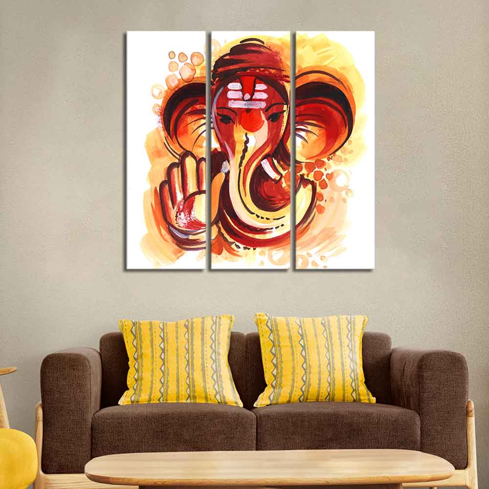 Deva Shree Ganesha Head Abstract Art Canvas Wall Painting Set of Three