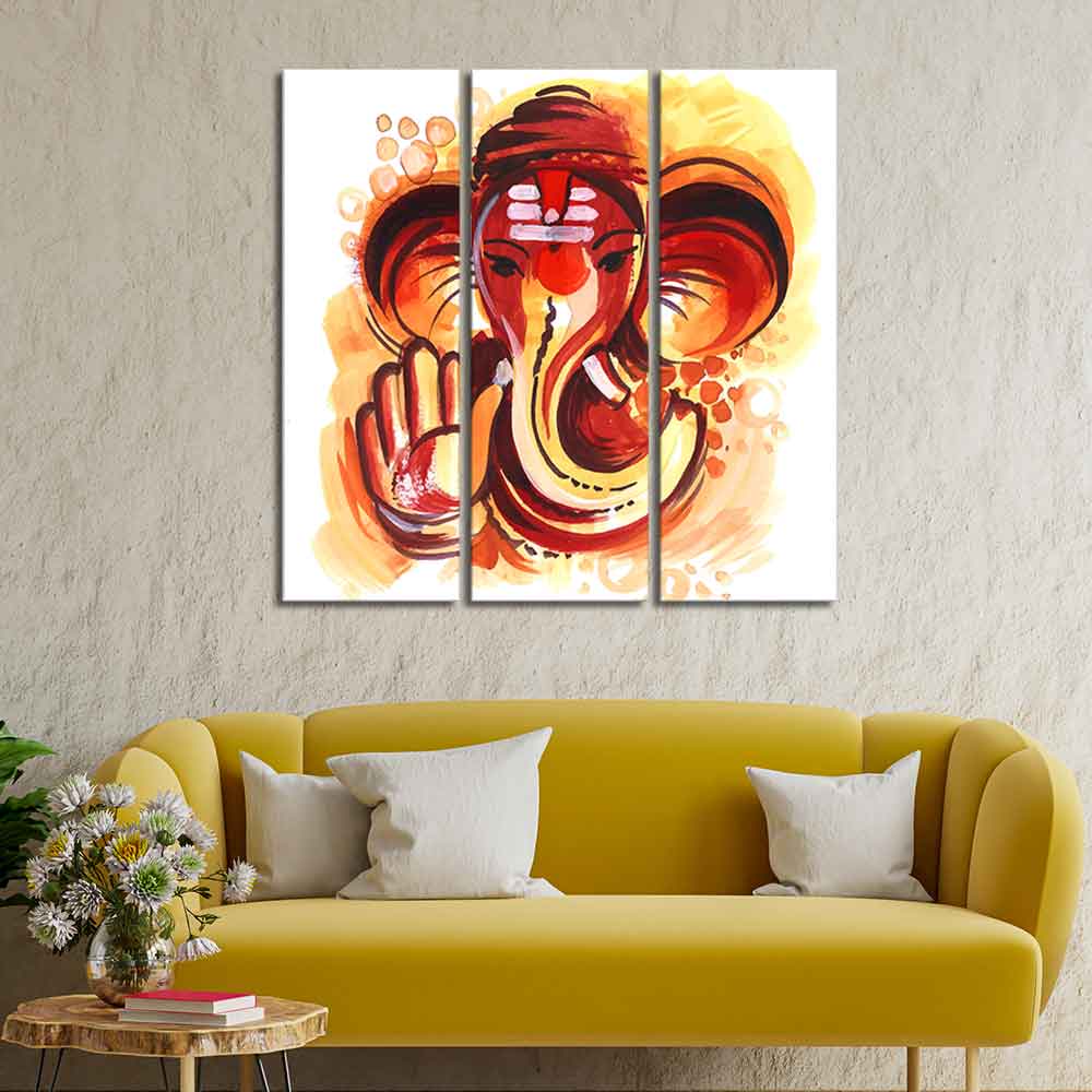 Deva Shree Ganesha Head Abstract Art Canvas Wall Painting Set of Three