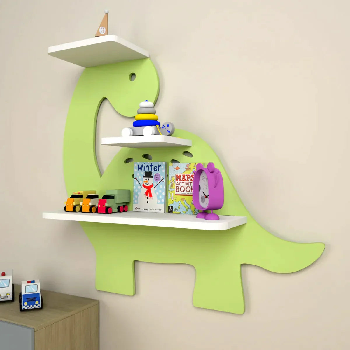 Dinosaur Shaped Wooden Wall Storage Shelf for Kids