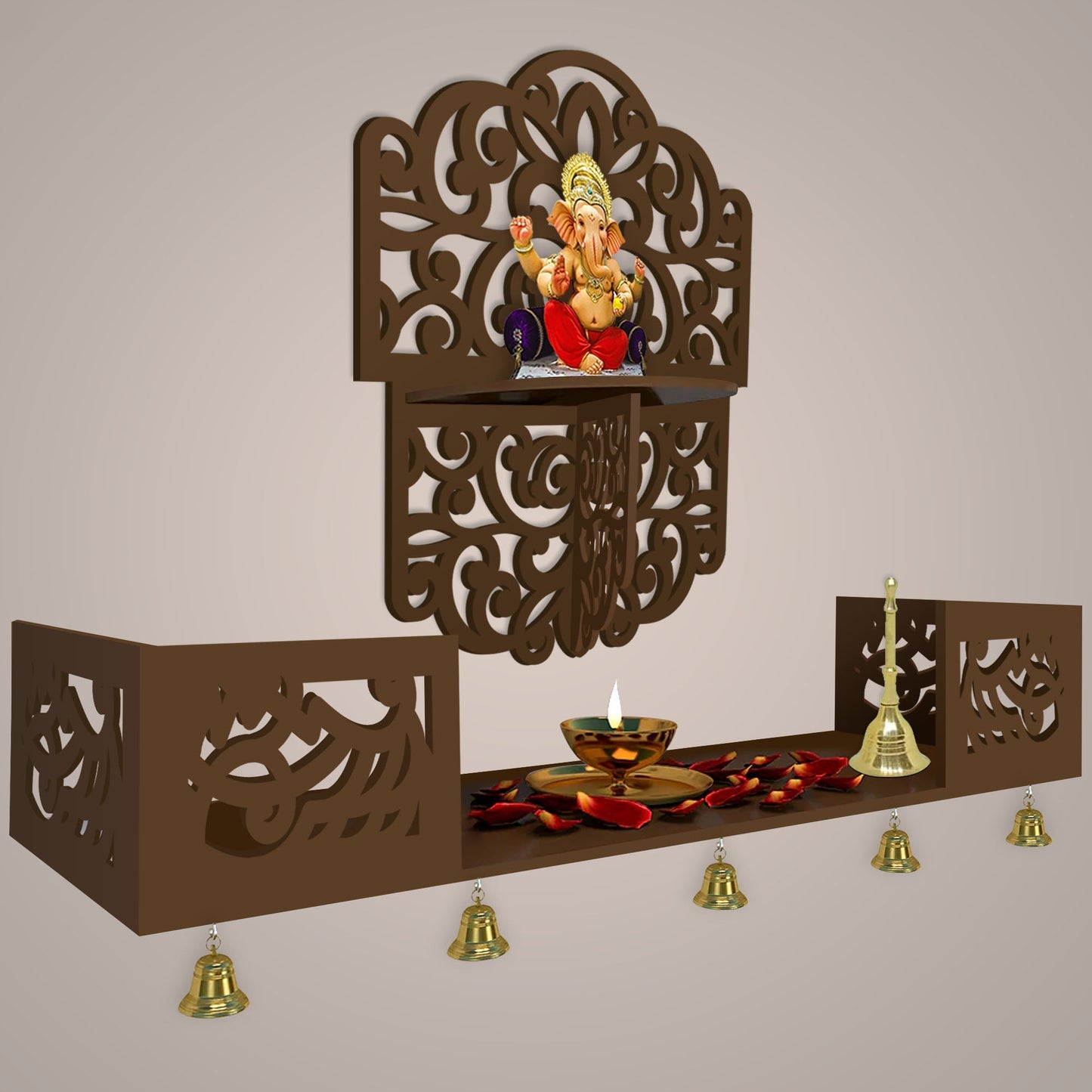 Divine Beautiful Wall Hanging Wooden Temple/ Pooja Mandir Design with Shelf, Brown Color