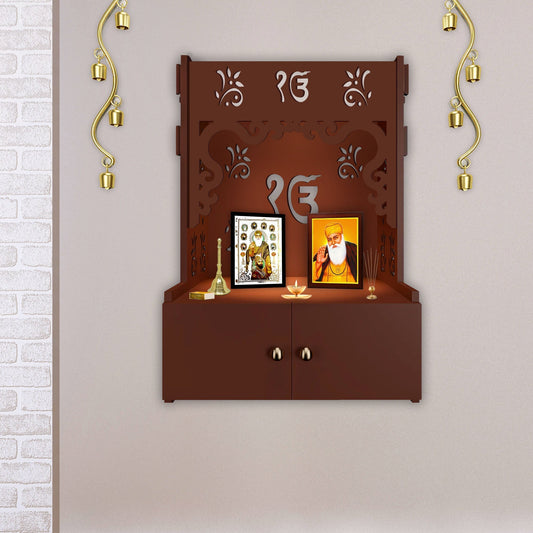 Ek-onkar Holy Symbol Brown Wooden Wall Temple for Home With Inbuilt focus Lights & Spacious Shelf