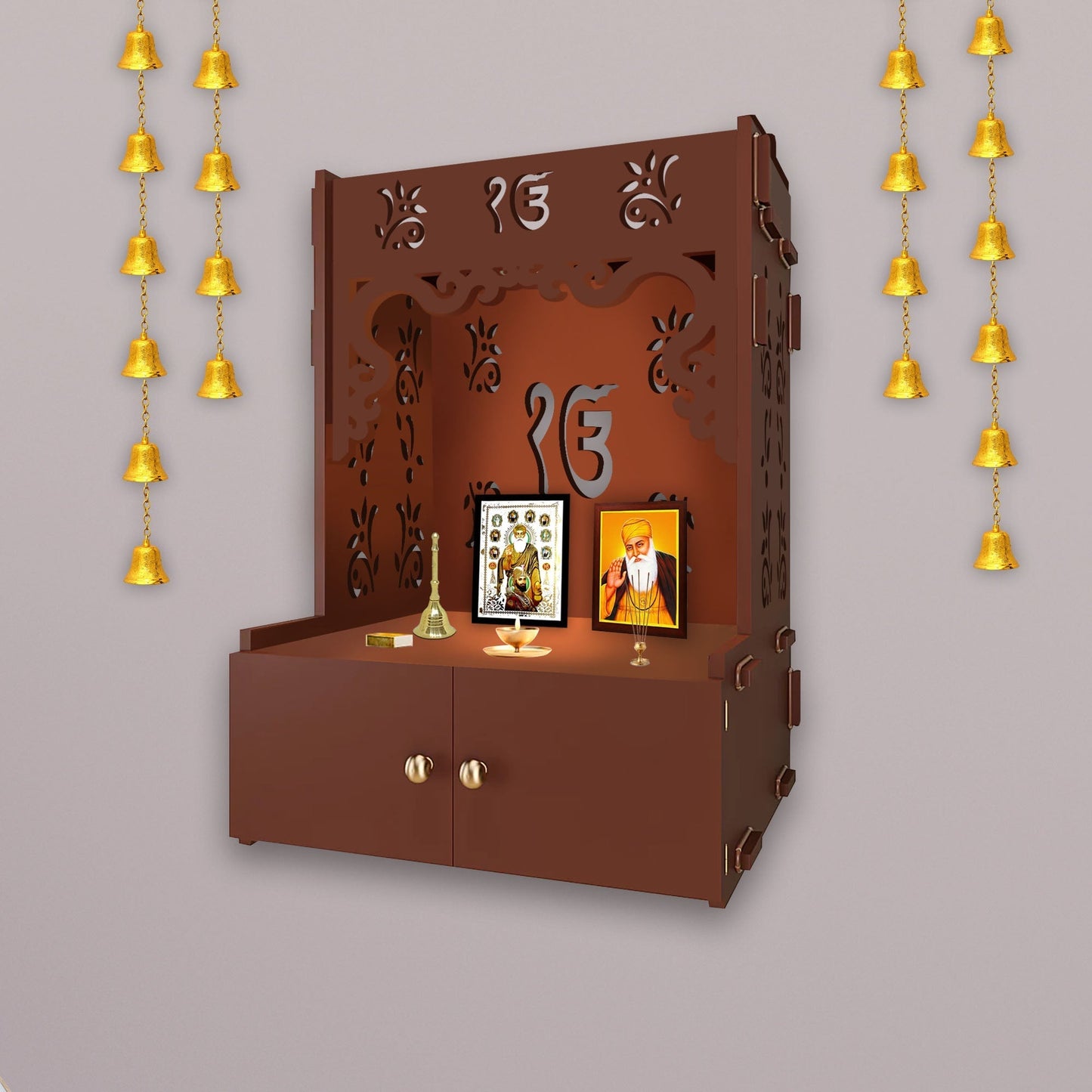 Ek-onkar Holy Symbol Brown Wooden Wall Temple for Home With Inbuilt focus Lights & Spacious Shelf