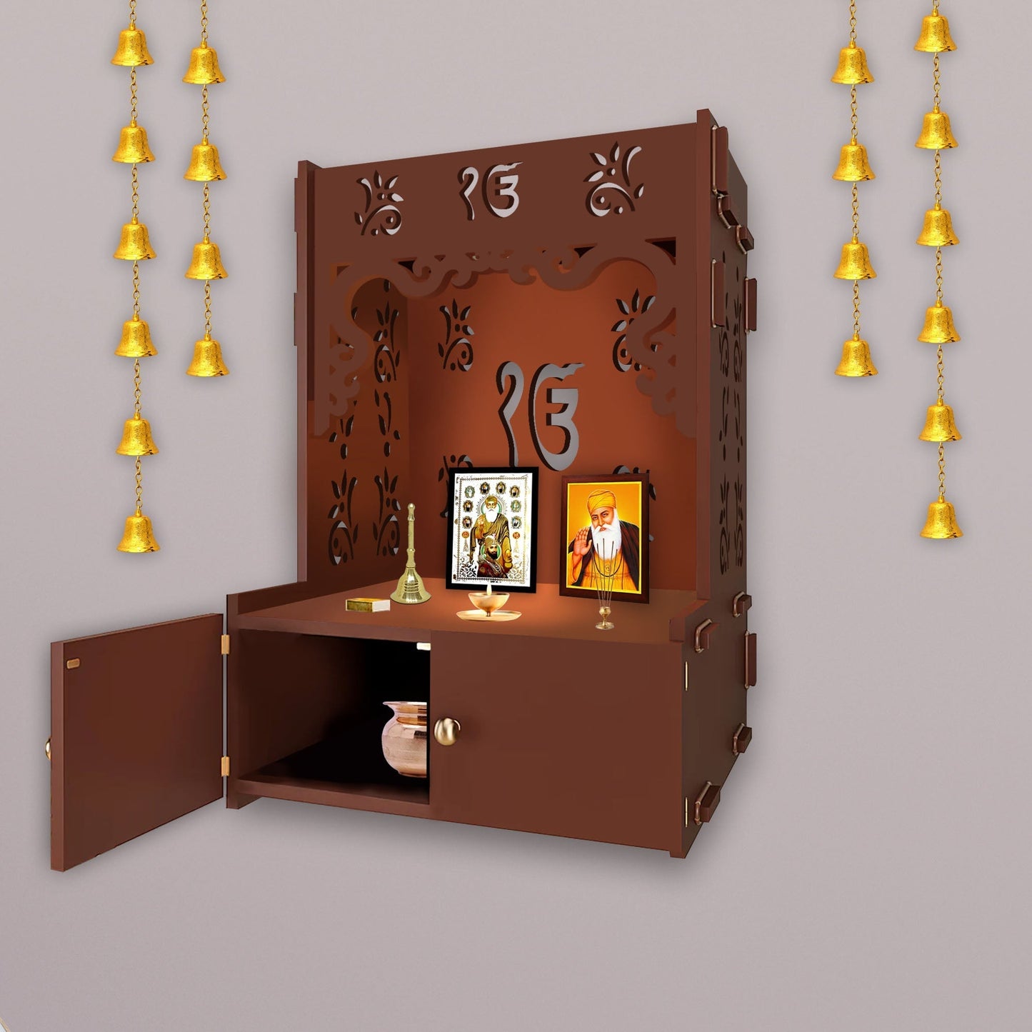 Ek-onkar Holy Symbol Brown Wooden Wall Temple for Home With Inbuilt focus Lights & Spacious Shelf