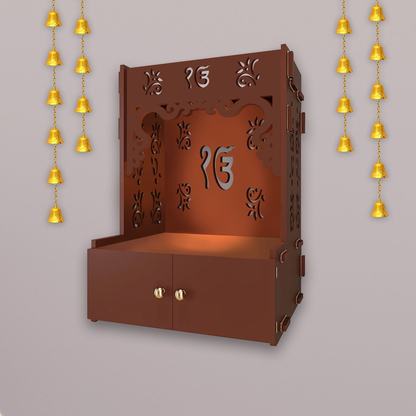 Ek-onkar Holy Symbol Brown Wooden Wall Temple for Home With Inbuilt focus Lights & Spacious Shelf