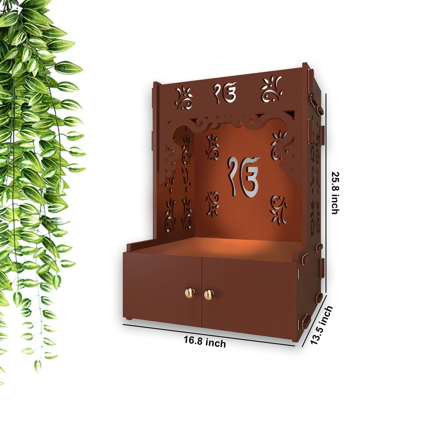 Ek-onkar Holy Symbol Brown Wooden Wall Temple for Home With Inbuilt focus Lights & Spacious Shelf