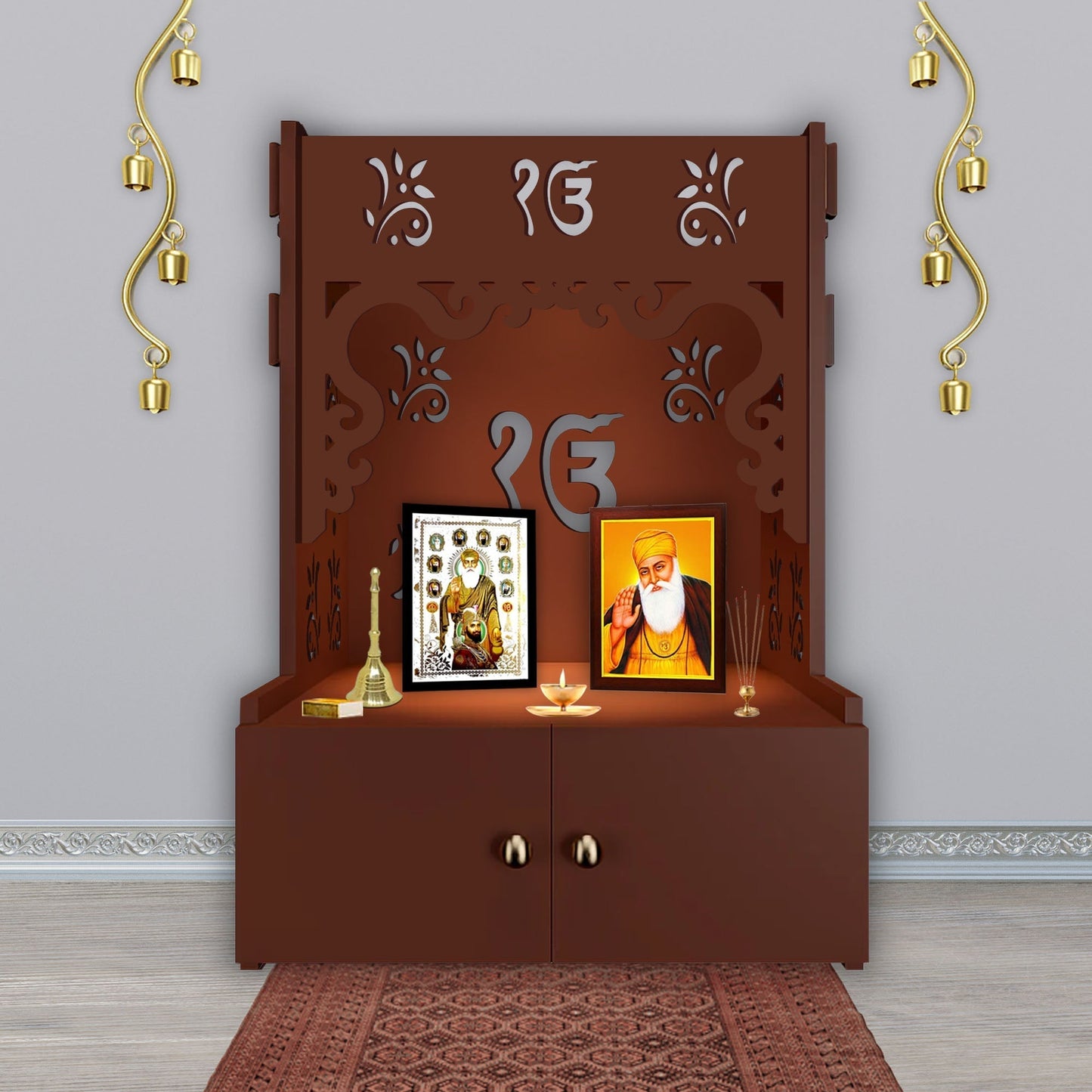 Ek-onkar Holy Symbol Floor Temple with Spacious Wooden Shelf & Inbuilt Focus Light- Brown Finish