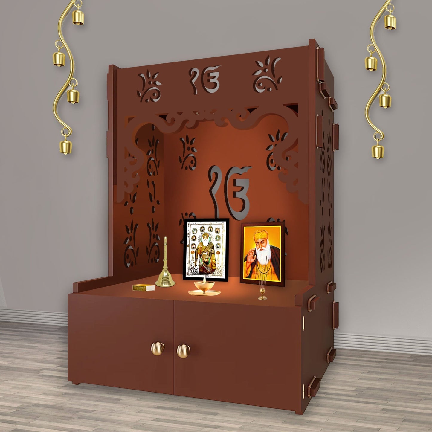 Ek-onkar Holy Symbol Floor Temple with Spacious Wooden Shelf & Inbuilt Focus Light- Brown Finish