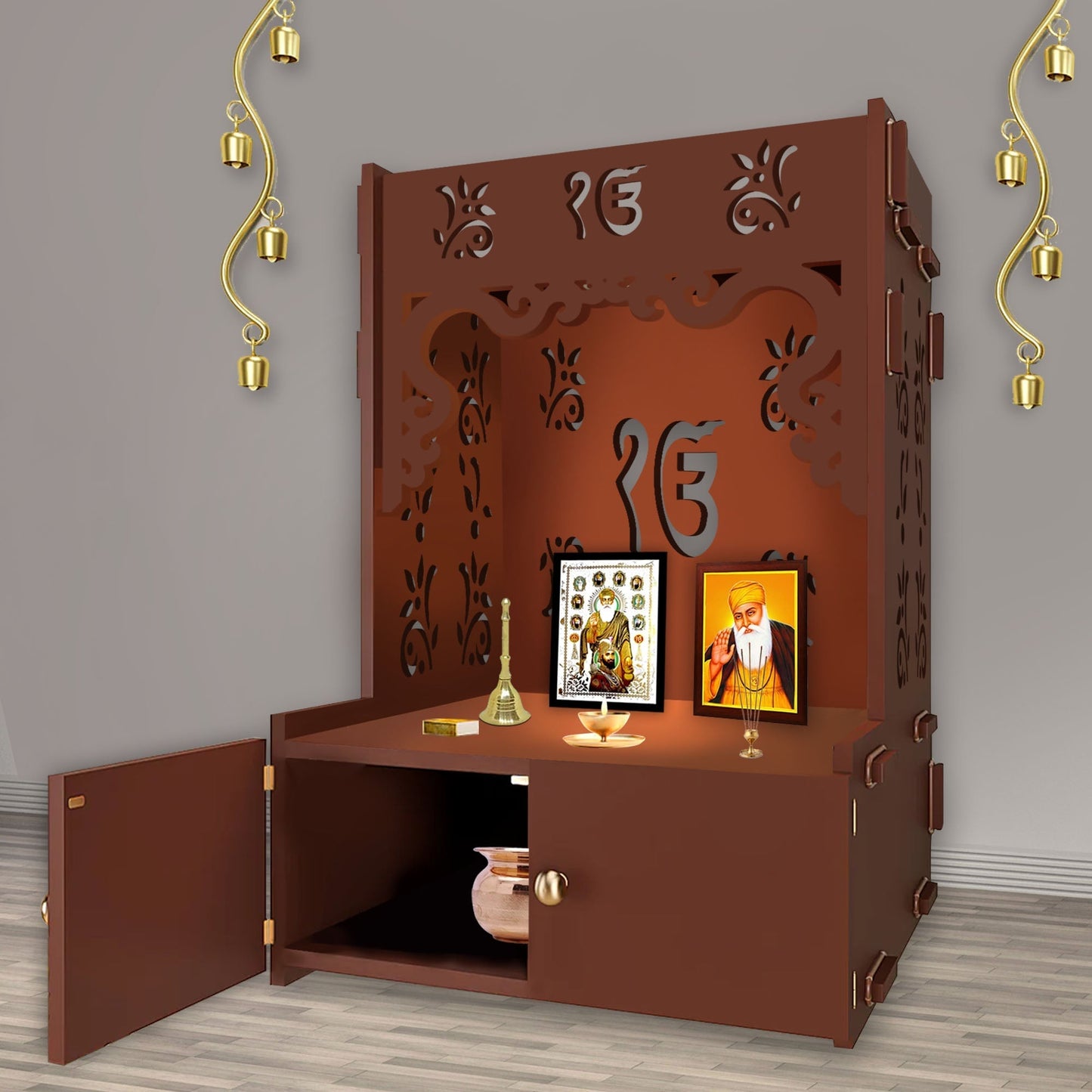 Ek-onkar Holy Symbol Floor Temple with Spacious Wooden Shelf & Inbuilt Focus Light- Brown Finish