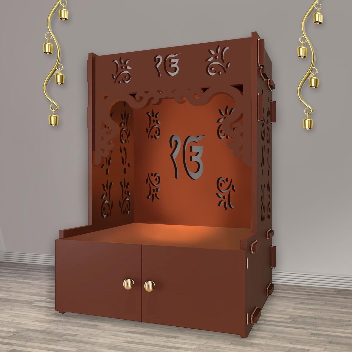 Ek-onkar Holy Symbol Floor Temple with Spacious Wooden Shelf & Inbuilt Focus Light- Brown Finish