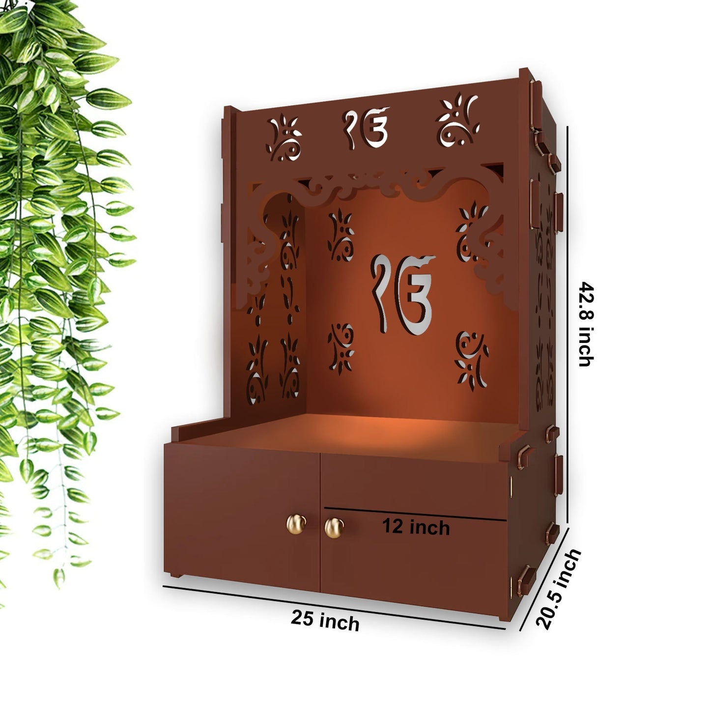 Ek-onkar Holy Symbol Floor Temple with Spacious Wooden Shelf & Inbuilt Focus Light- Brown Finish