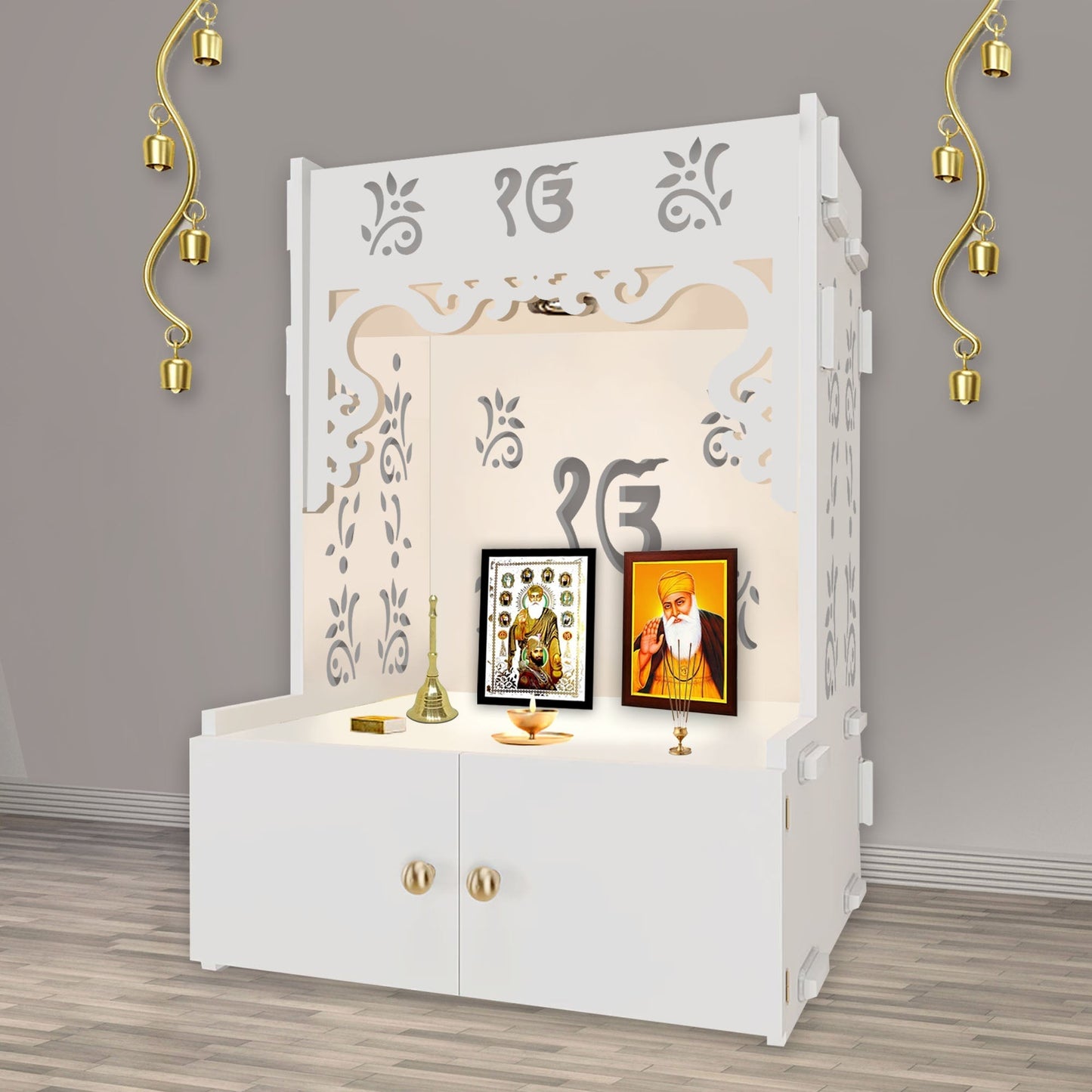 Ek-onkar Holy Symbol Floor Temple with Spacious Wooden Shelf & Inbuilt Focus Light- White Finish