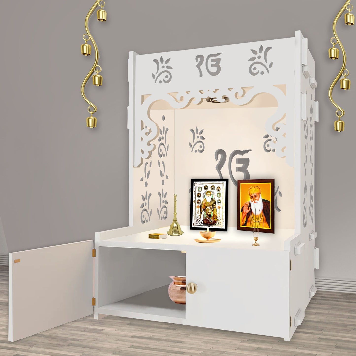 Ek-onkar Holy Symbol Floor Temple with Spacious Wooden Shelf & Inbuilt Focus Light- White Finish