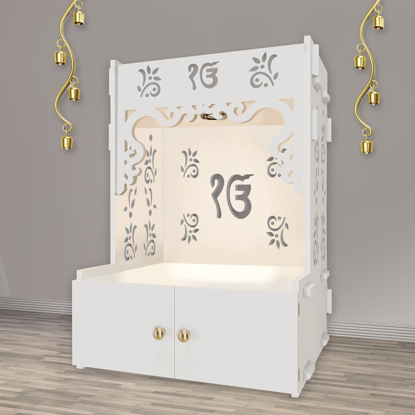 Ek-onkar Holy Symbol Floor Temple with Spacious Wooden Shelf & Inbuilt Focus Light- White Finish