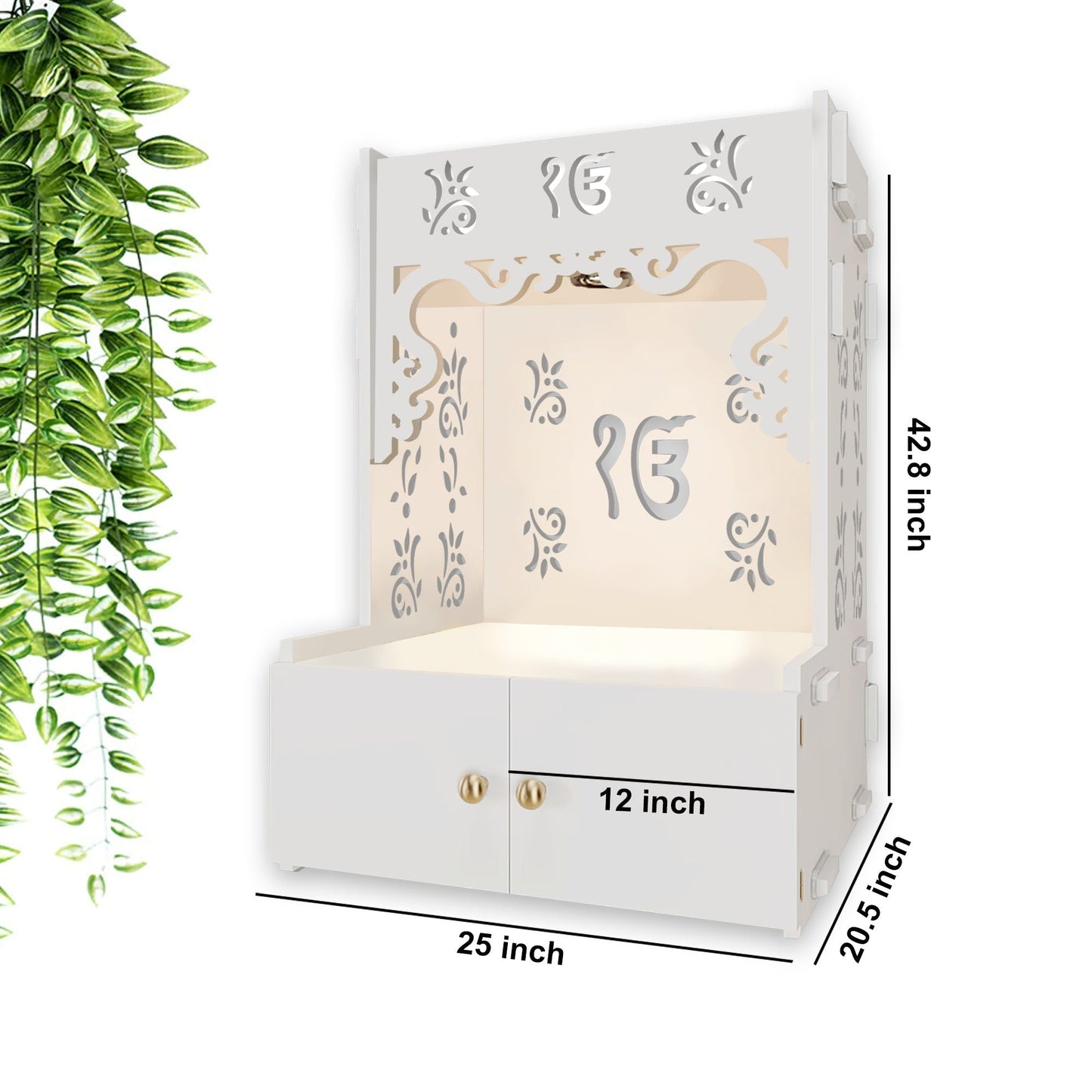 Ek-onkar Holy Symbol Floor Temple with Spacious Wooden Shelf & Inbuilt Focus Light- White Finish