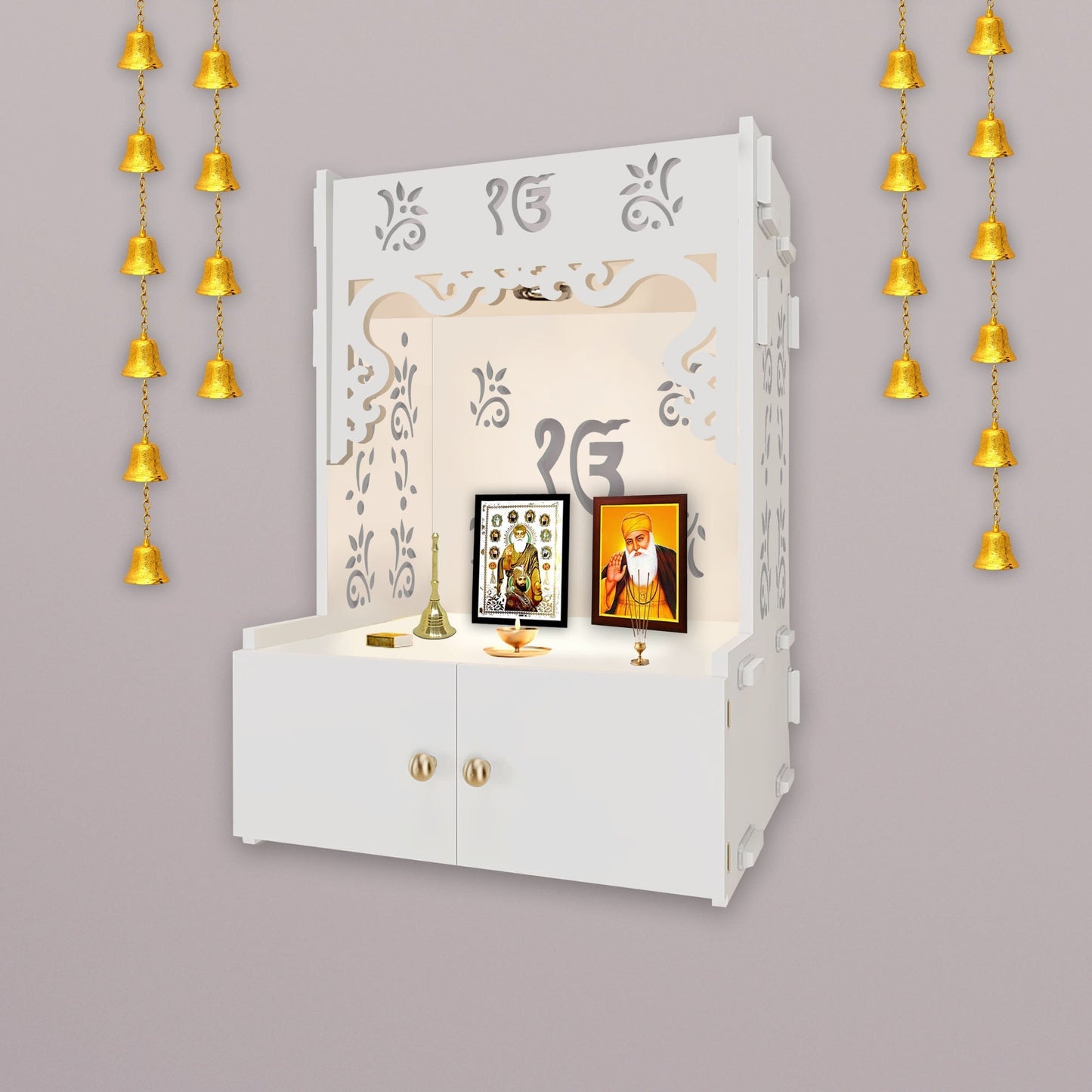 Ek-onkar Holy Symbol White Wooden Wall Temple for Home With Inbuilt focus Lights & Spacious Shelf