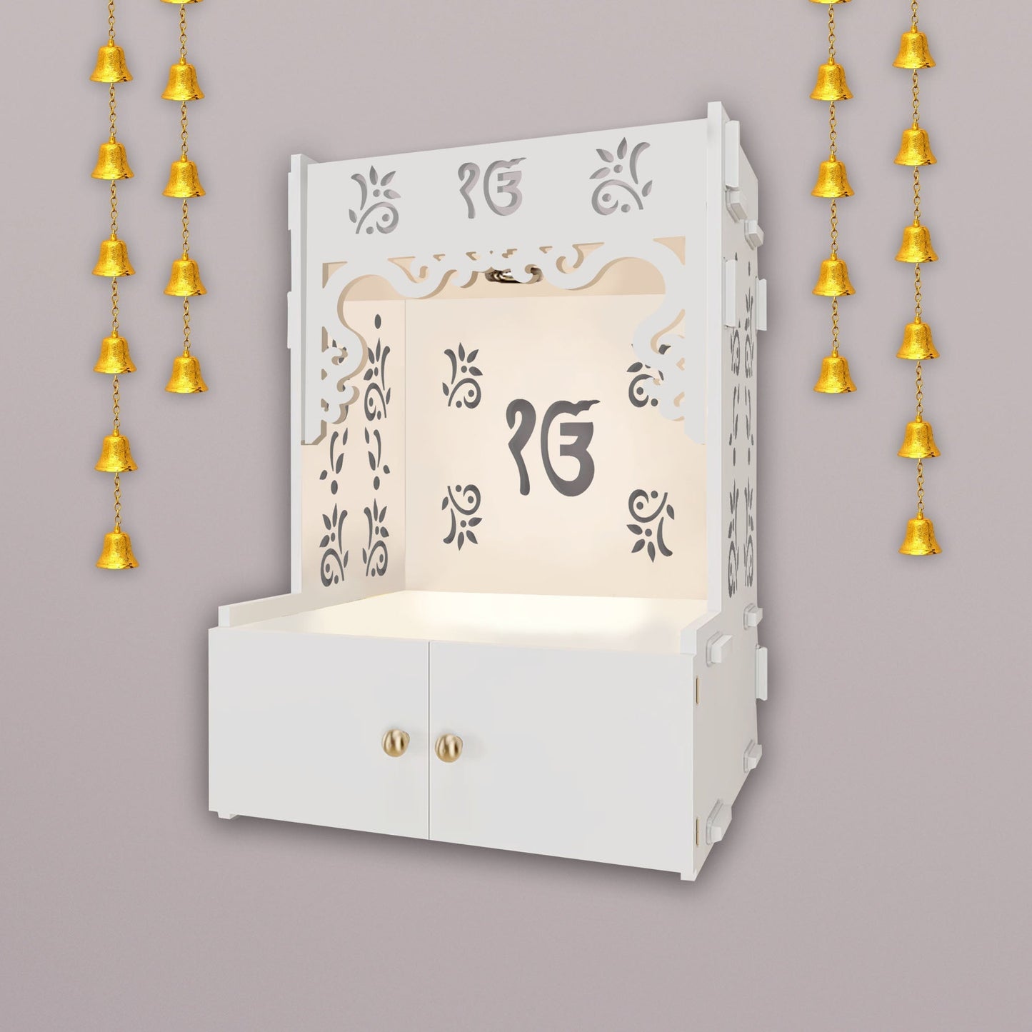 Ek-onkar Holy Symbol White Wooden Wall Temple for Home With Inbuilt focus Lights & Spacious Shelf