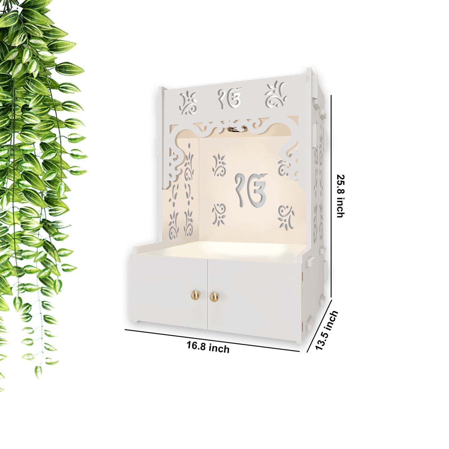 Ek-onkar Holy Symbol White Wooden Wall Temple for Home With Inbuilt focus Lights & Spacious Shelf