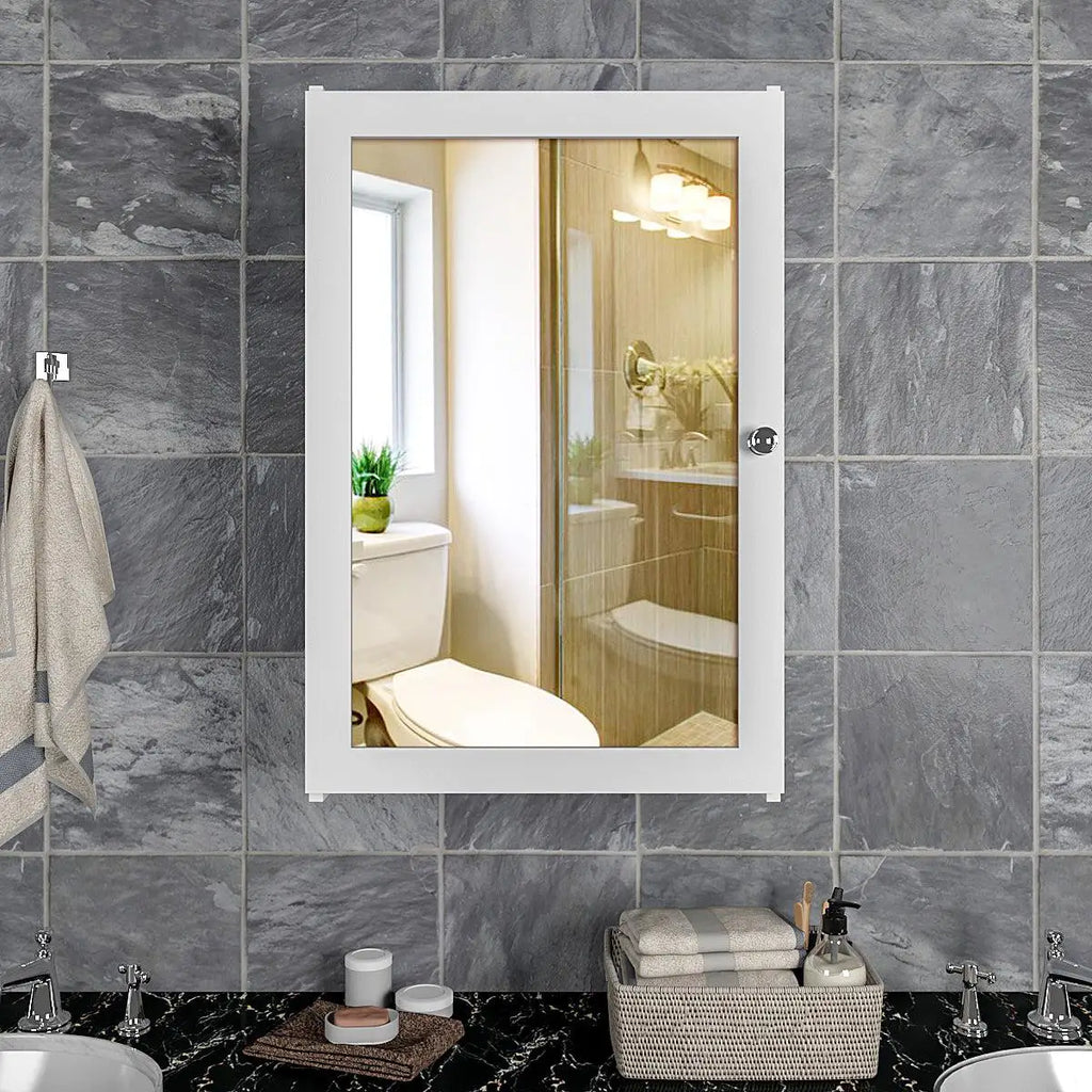 Elegant Structured Wooden Bathroom Cabinet Mirror with 7 Spacious Shelves with Solid White Finish