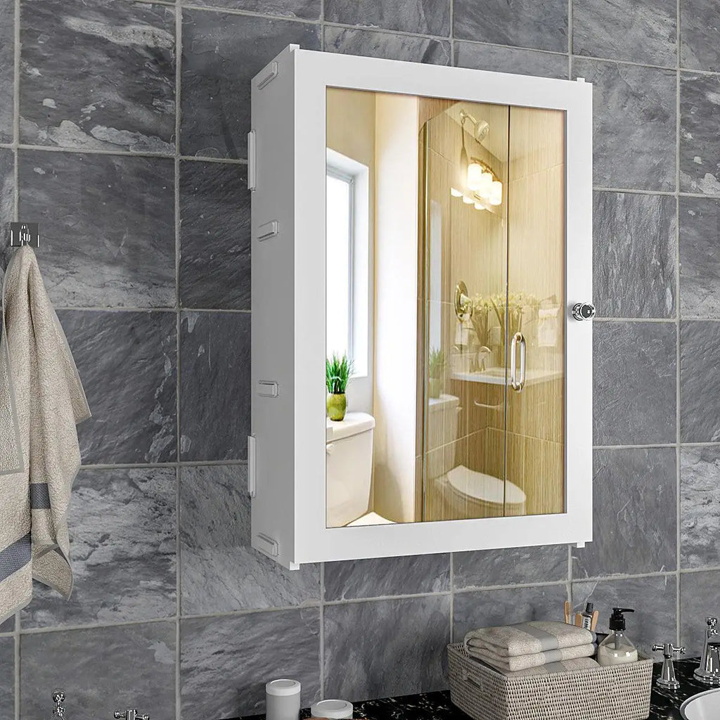 Elegant Structured Wooden Bathroom Cabinet Mirror with 7 Spacious Shelves with Solid White Finish