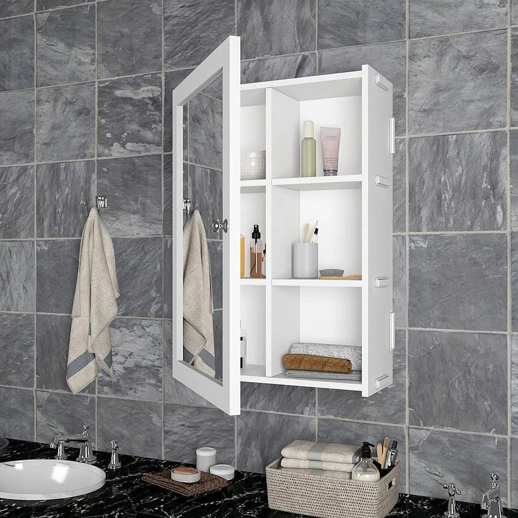 Elegant Structured Wooden Bathroom Cabinet Mirror with 7 Spacious Shelves with Solid White Finish