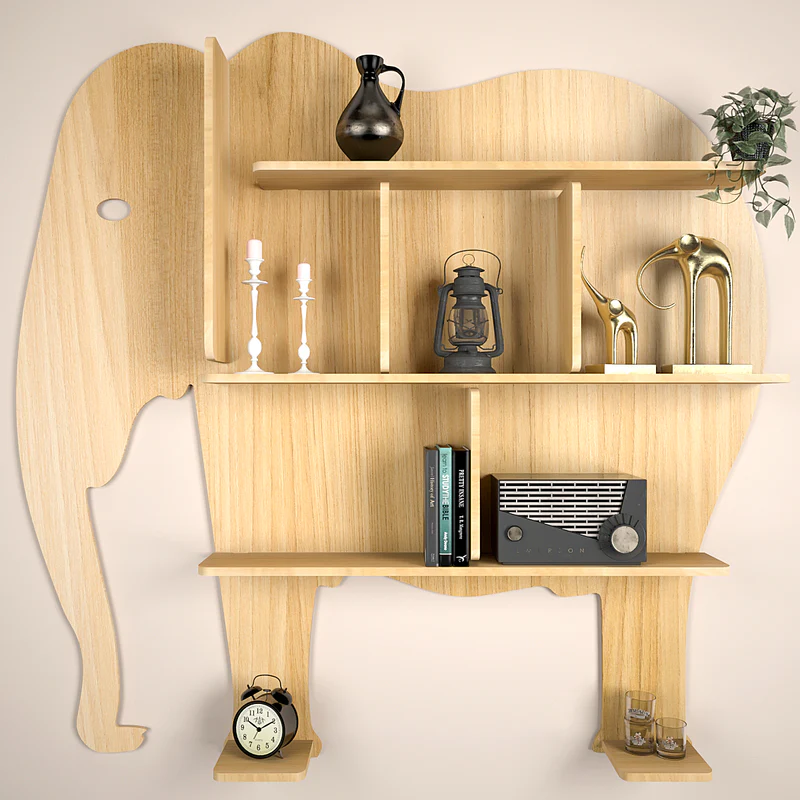 Elephant Shape Designer Wooden Wall Shelf / Book Shelf, with Light oak Finish