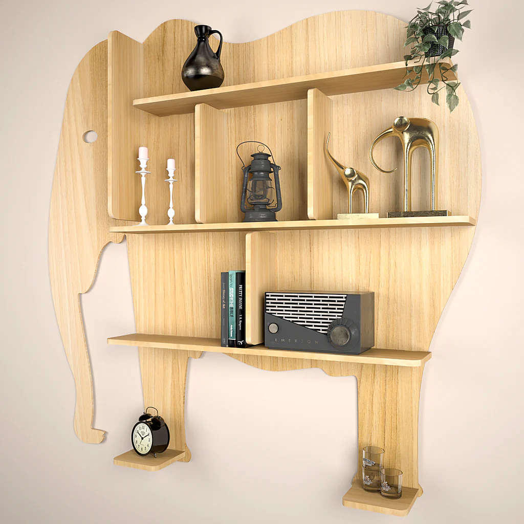 Elephant Shape Designer Wooden Wall Shelf / Book Shelf, with Light oak Finish