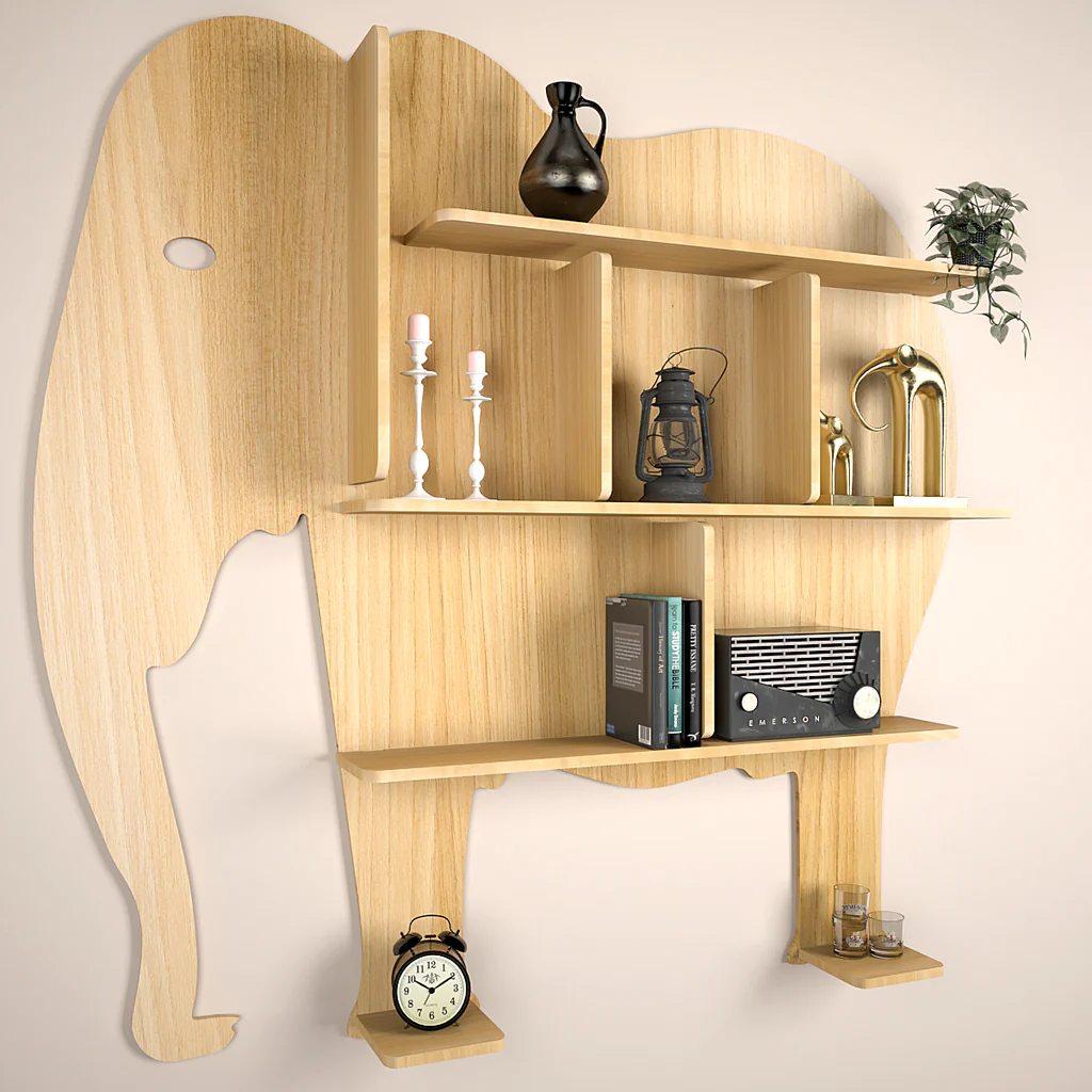 Elephant Shape Designer Wooden Wall Shelf / Book Shelf, with Light oak Finish