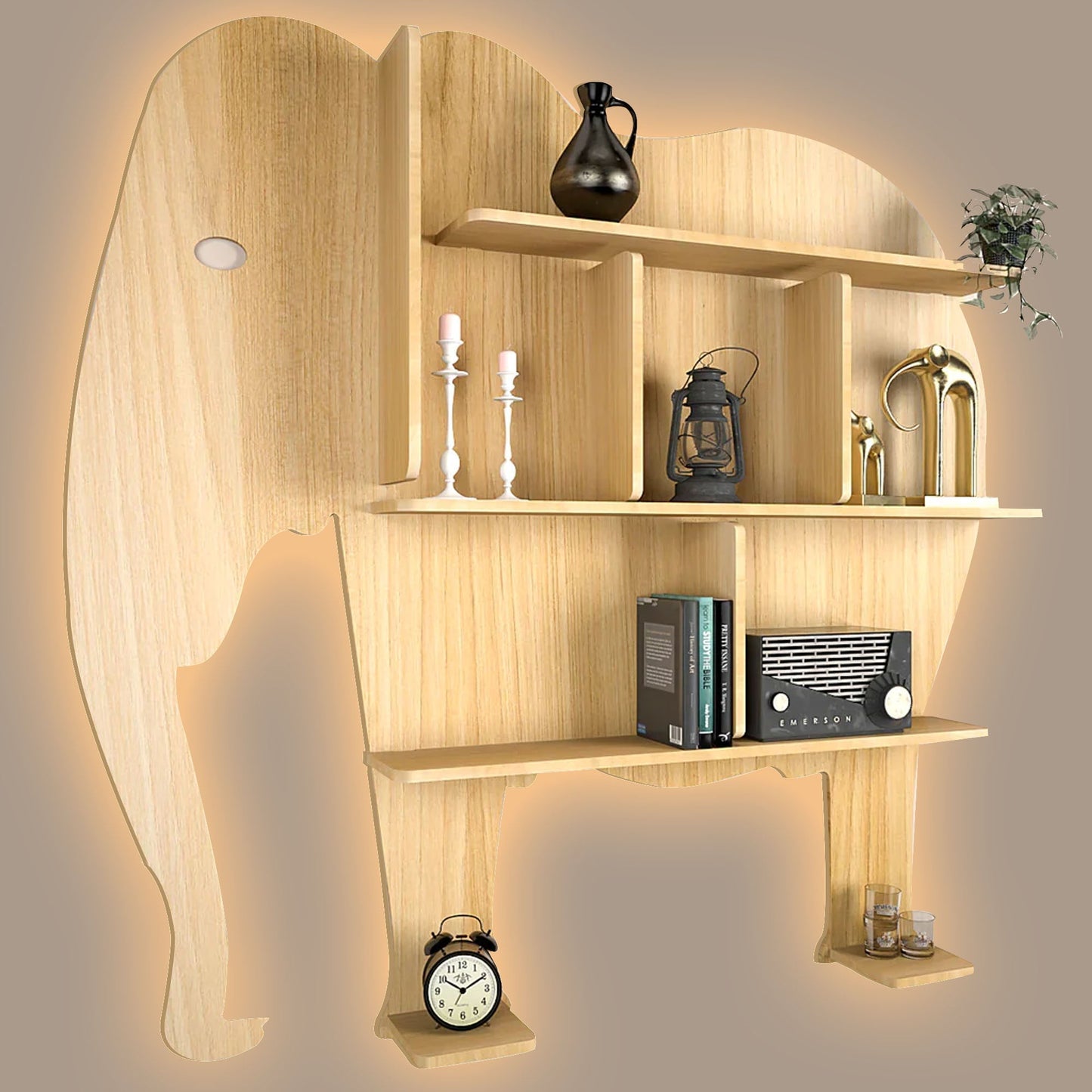 Elephant Shape Designer Wooden Wall Shelf / Book Shelf, with Light oak Finish