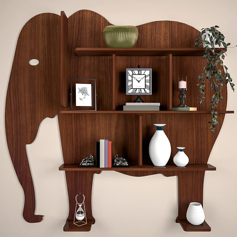 Elephant Shape Desigenr Wooden Wall Shelf / Book Shelf, with Light Walnut Finish