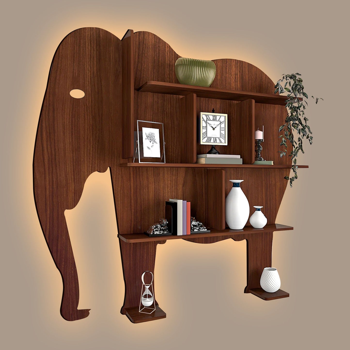 Elephant Shape Desigenr Wooden Wall Shelf / Book Shelf, with Light Walnut Finish