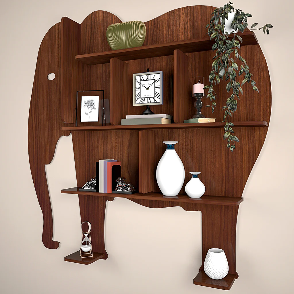 Elephant Shape Desigenr Wooden Wall Shelf / Book Shelf, with Light Walnut Finish